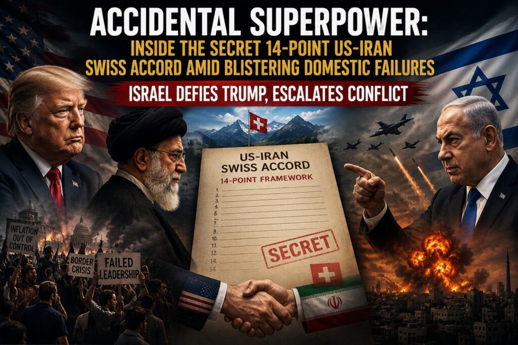 Accidental Superpower: Inside the Secret 14-Point US-Iran Swiss Accord Amid Blistering Domestic Failures Dramatic geopolitical news banner featuring Donald Trump, Ayatollah Khamenei, and Benjamin Netanyahu, detailing the secret US-Iran Swiss Accord 14-point framework amid regional escalations and US domestic protests.