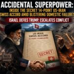 Dramatic geopolitical news banner featuring Donald Trump, Ayatollah Khamenei, and Benjamin Netanyahu, detailing the secret US-Iran Swiss Accord 14-point framework amid regional escalations and US domestic protests.