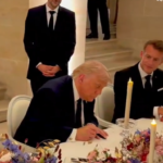 President Donald Trump and French President Emmanuel Macron at the historic signing of the U.S.-Iran peace agreement inside the Palace of Versailles.