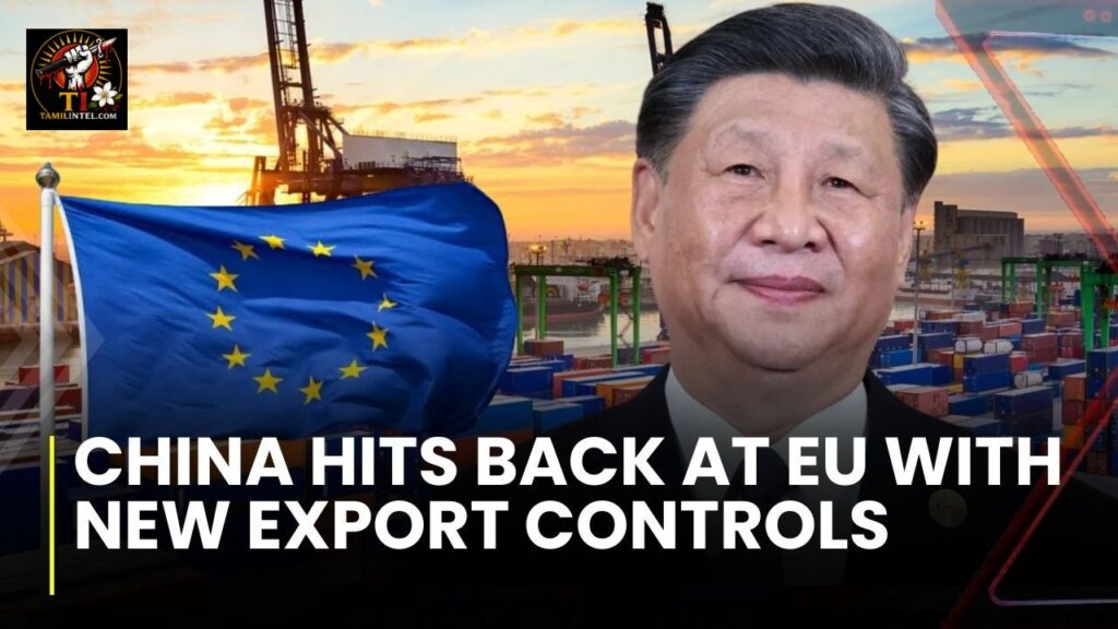 Xi Jinping featured alongside EU flags representing China EU export controls