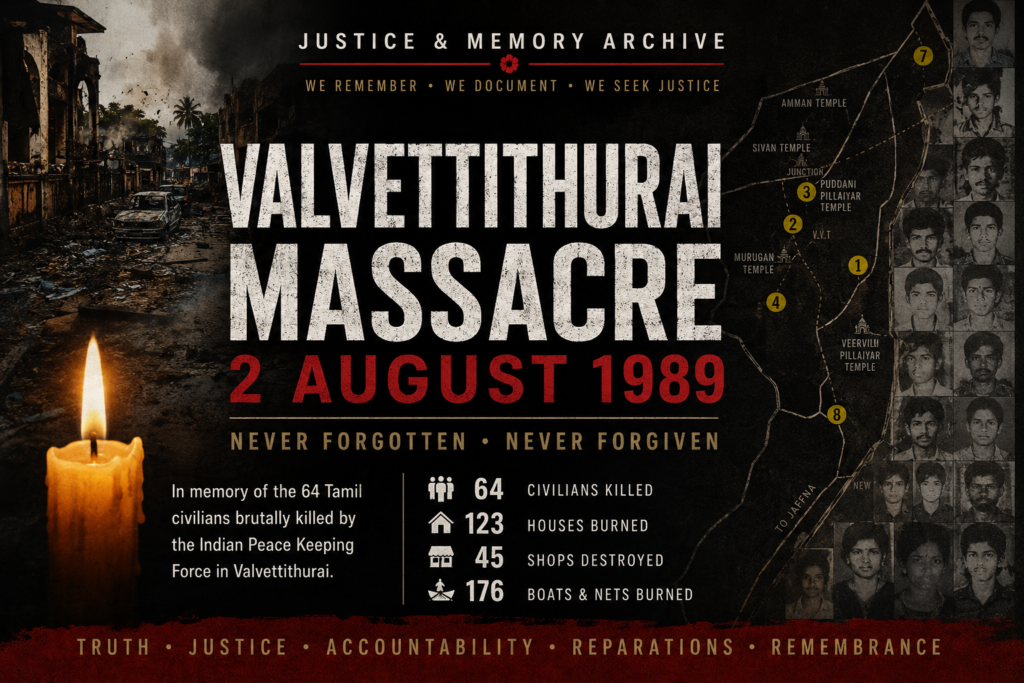 Valvettithurai Massacre memorial image marking 2 August 1989, commemorating 64 Tamil civilians killed and documenting the reported destruction of 123 houses, 45 shops and 176 boats and fishing nets during IPKF operations in Valvettithurai.