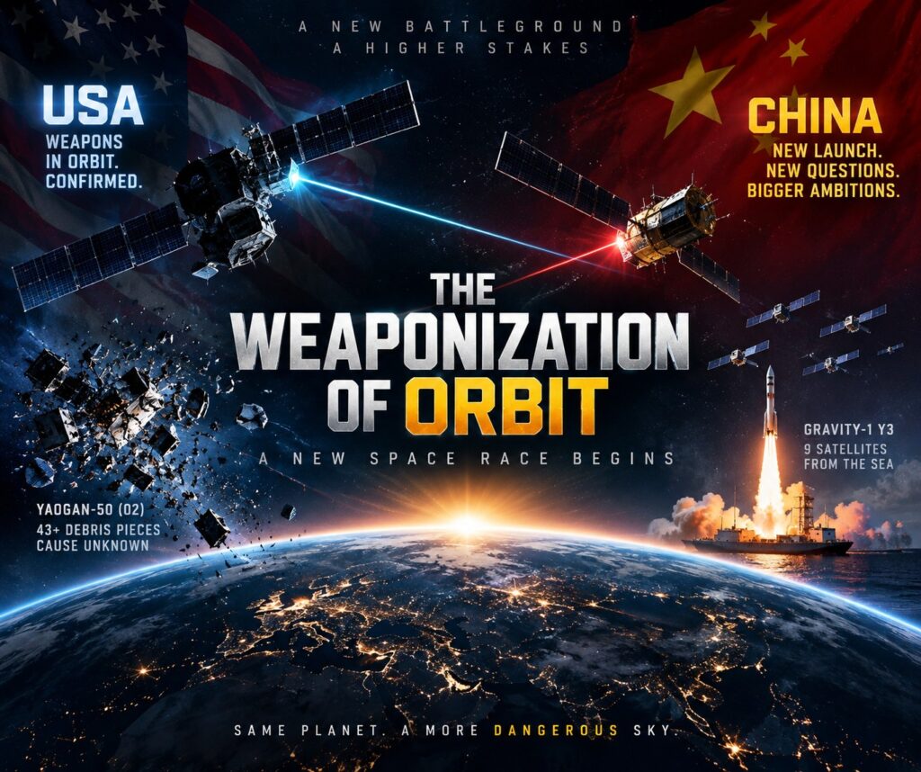 🛰️ THE WEAPONIZATION OF ORBIT Graphic depicting the weaponization of orbit, featuring U.S. and Chinese satellites, a sea-based rocket launch, and the Earth from space.