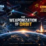 Graphic depicting the weaponization of orbit, featuring U.S. and Chinese satellites, a sea-based rocket launch, and the Earth from space.